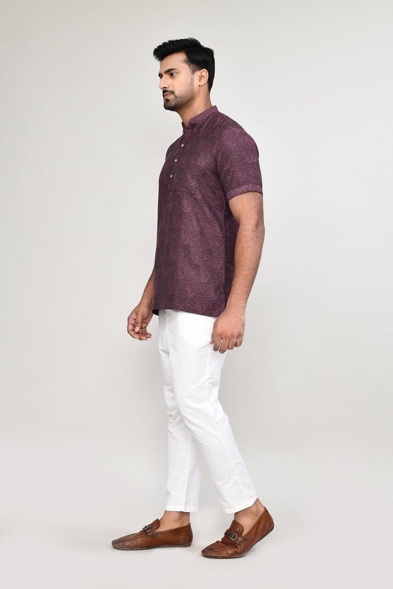 POLY2FAB Hathkargha Men’s Short Sleeve Kurta with All-Over Paisley Print, Mandarin Collar & Button Placket - Image 3